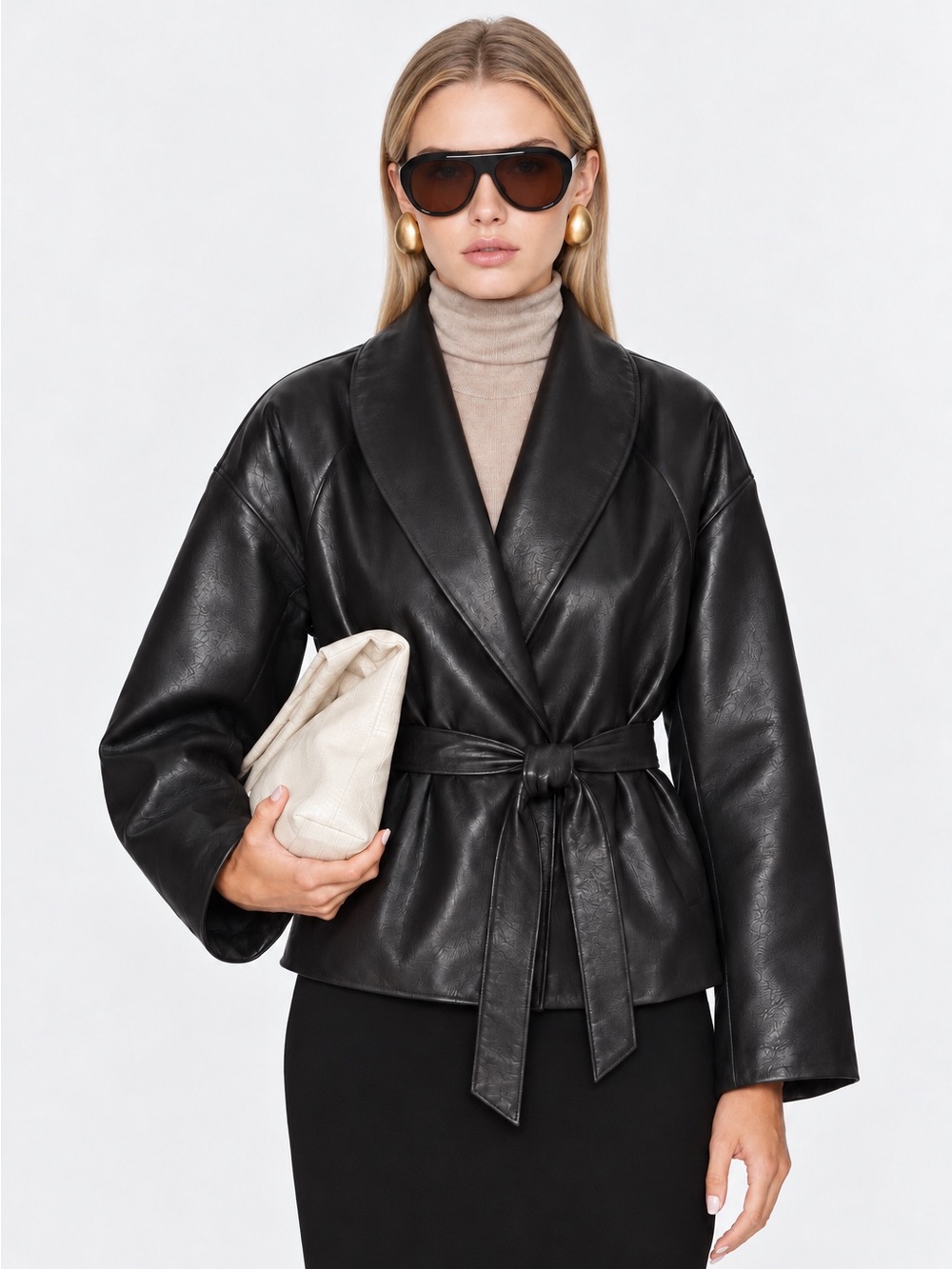 KOIR Vegan Leather Belted Jacket — Black